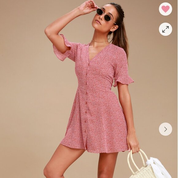 Lulus - Castana Rust Red Print Button-Up Dress - Size S - Picture 1 of 8